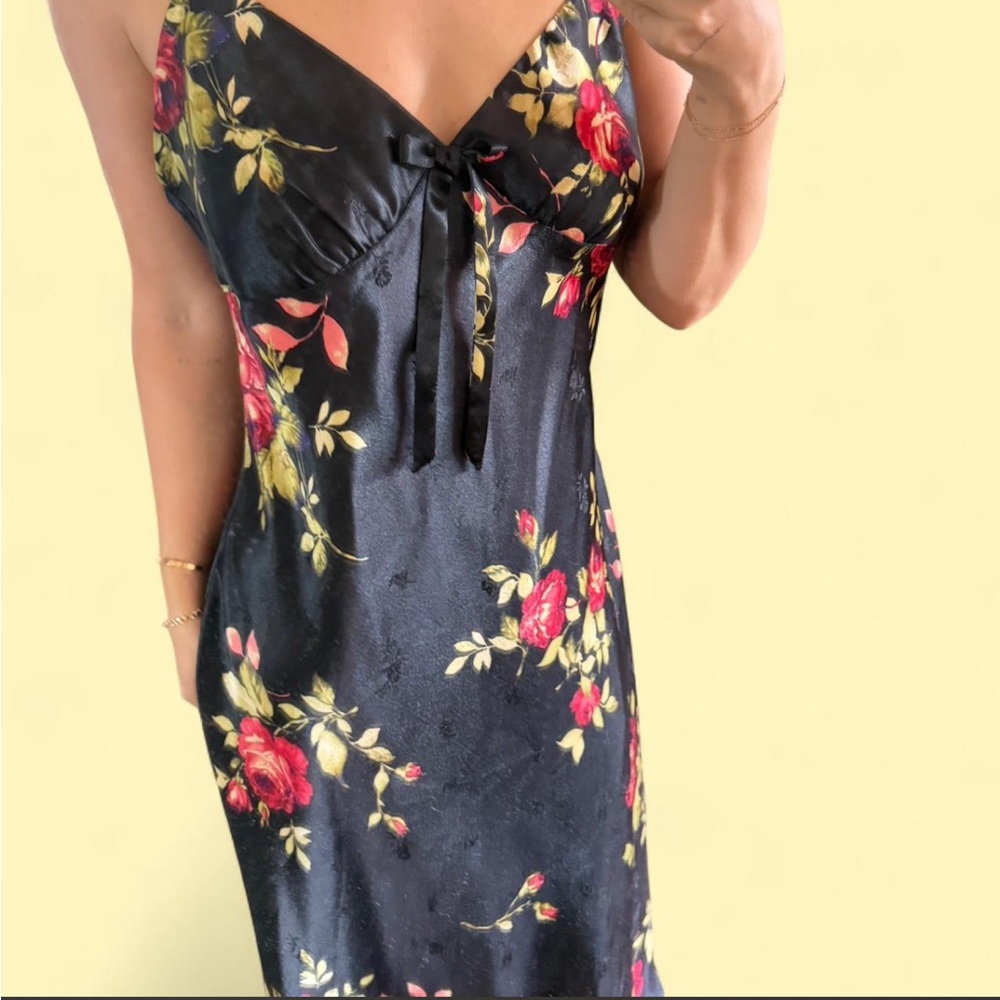 Jones New York Black Satin Floral Slip Dress with Pink & Green Accents